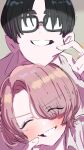  1boy 1girl ^_^ absurdres arimura_mao asymmetrical_bangs black-framed_eyewear black_hair blush cheek_pinching closed_eyes commentary_request eyes_visible_through_hair gakuen_idolmaster glasses hair_over_one_eye hetero highres idolmaster kasasagi_(futagodori888) pinching pink_hair producer_(idolmaster) smile 