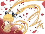  blonde_hair bow flower hair_bow long_hair otoufu petals red_flower red_rose rose rose_petals rozen_maiden shinku solo twintails white_background 