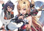  >_< 2girls absurdres ahoge arm_up bare_shoulders belle_(zenless_zone_zero) black_shirt blonde_hair blue_hair blush breasts chalky_(zenless_zone_zero) cissia_(zenless_zone_zero) closed_eyes commentary_request crossed_bangs detached_sleeves earrings hair_between_eyes hair_ornament hairclip highres holding holding_weapon jewelry letter_hair_ornament long_hair medium_breasts metal_wrist_cuffs mouguru_ekaki multiple_girls one_eye_closed open_mouth pink_nails pom_pom_(clothes) pom_pom_hair_ornament red_eyes shirt short_hair simple_background snake snake_girl snake_tail tail weapon white_background white_snake zenless_zone_zero 