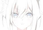  1girl blue_eyes blush bow brown_hair cheval_grand_(umamusume) close-up commentary_request crossed_bangs double-parted_bangs frown hair_between_eyes hair_bow hakugitsu highres limited_palette medium_hair portrait sidelocks simple_background sketch solo umamusume white_background 