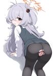  1girl absurdres anus ass blackness_(blackness661) blue_archive blush brown_eyes brown_halo commentary_request crotch_seam dress eyeball_hair_ornament from_behind grey_hair hair_ornament hair_over_one_eye halo heart highres kanoe_(blue_archive) korean_commentary long_hair long_sleeves looking_at_viewer multicolored_eyes open_mouth pantyhose pinafore_dress pussy shirt simple_background sleeveless sleeveless_dress smile solo thighband_pantyhose torn_clothes torn_pantyhose two-tone_eyes two_side_up white_shirt 