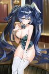  1girl alternate_costume animal_ears bare_shoulders blue_eyes blue_hair blue_leotard blush breasts cleavage closed_mouth commentary fake_animal_ears highres indoors iuno_(wuthering_waves) leotard long_hair medium_breasts multicolored_hair rabbit_ears smile solo sonchi streaked_hair thighs twintails wrist_cuffs wuthering_waves 