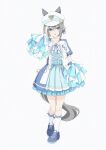  1girl alternate_costume belt blue_belt blue_dress blue_eyes blue_jacket blue_shoes blush bow bowtie brown_hair cheval_grand_(umamusume) collarbone cropped_jacket dress ear_covers frilled_dress frills full_body hair_between_eyes hakugitsu hat highres horse_girl horse_tail jacket kneehighs looking_at_viewer medium_hair multicolored_hair multicolored_jacket open_clothes open_jacket open_mouth pleated_dress pom_pom_(cheerleading) shoes short_sleeves sidelocks simple_background sneakers socks solo standing streaked_hair tail two-tone_jacket umamusume white_background white_hair white_hat white_jacket white_socks 