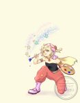  1girl aqua_eyes armband baggy_pants bare_shoulders black_shirt blonde_hair blush boots breasts cape closed_mouth commentary_request final_fantasy final_fantasy_vi full_body highres holding holding_paintbrush medium_breasts on_one_knee one_eye_closed paint_palette paintbrush painting_(medium) pants pendant_choker pink_boots rakugaki_wanko red_hair red_pants relm_arrowny shirt short_hair smile solo star_(symbol) strapless striped_armband striped_clothes traditional_media tube_top watermark weapon white_background yellow_cape 