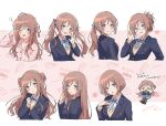  >_< 1girl :t alternate_hair_length_(shorter) alternate_hairstyle blazer blue_eyes blue_jacket blue_ribbon blush bob_cut breast_suppress breasts brown_hair clenched_hands collarbone commentary_request double_bun embarrassed gakuen_idolmaster glasses hair_bun hair_down hands_up hatsuboshi_gakuen_school_uniform highres himesaki_rinami idolmaster jacket long_hair looking_at_viewer medium_hair messy_hair multiple_hairstyles one_eye_closed open_mouth pajamas papelnln peanut_mouth ponytail pout ribbon rubbing_eyes school_uniform short_hair shy sleepy squeans sweat teeth twintails upper_teeth_only waving yawning 