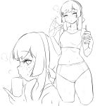  1girl blunt_sidelocks buruma commentary_request cowboy_shot cropped_legs drink drinking_straw fanning_self freckles hair_ribbon hairband kantai_collection lineart long_hair mogador_(kancolle) multiple_views ribbon sidelocks sports_bikini sports_bra standing sweat tamu_(mad_works) upper_body very_sweaty 