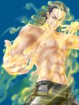  1boy abs black_eyes black_hair black_pants blue_background commentary_request grin jojo_no_kimyou_na_bouken kyo-ra looking_at_viewer medium_hair mullet muscular muscular_male nipples pants rubber_soul simple_background slime_(substance) smile solo stand_(jojo) stardust_crusaders topless_male v-shaped_eyebrows yellow_temperance 
