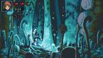  1girl bioluminescence fake_screenshot faux_retro_artstyle forest gameplay_mechanics glowing glowing_mushroom hby_stuff heads-up_display health_bar highres in-universe_location kaze_no_tani_no_nausicaa nature nausicaa outdoors pixel_art scenery spores tagme user_interface wide_shot 