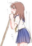  1girl :o blue_sailor_collar blue_skirt blush broom brown_eyes brown_hair commentary_request from_side handkerchief heavy_breathing holding holding_broom looking_ahead medium_hair okano_kei open_mouth pleated_skirt sailor_collar school_uniform see-through_clothes shirt simple_background skirt solo sweat tatsunokosso translation_request v-shaped_eyebrows white_background white_shirt yuyushiki yuyushiki's_school_uniform 