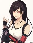  1girl artist_name black_hair breasts commentary_request crop_top elbow_pads final_fantasy final_fantasy_vii final_fantasy_vii_rebirth final_fantasy_vii_remake fingerless_gloves gloves highres long_hair looking_at_viewer low-tied_long_hair red_eyes single_arm_guard single_elbow_pad smile solo suspenders suspenders_gap tank_top tifa_lockhart white_background white_tank_top yukiko_(leovioykk) 