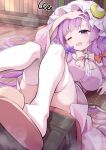  1girl blush book bookshelf bow bowtie breasts commentary_request crescent crescent_hat_ornament dress futa_(nabezoko) hair_spread_out hand_on_own_head hat hat_ornament large_breasts looking_at_viewer lying mob_cap on_back on_floor open_book open_mouth patchouli_day patchouli_knowledge pink_bow pink_bowtie pink_dress pink_hat pink_slippers purple_bow purple_eyes purple_hair red_bow slippers solo squiggle striped_clothes striped_dress tearing_up thighhighs thighs touhou watermark white_thighhighs 