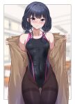  1girl adagaki_aki ass_visible_through_thighs black_hair black_one-piece_swimsuit black_pantyhose blush breasts brown_coat coat commentary_request competition_swimsuit covered_navel grey_eyes hibika highleg highleg_one-piece_swimsuit highres low_twintails masamune-kun_no_revenge nose_blush one-piece_swimsuit pantyhose pantyhose_under_swimsuit small_breasts solo swimsuit thighband_pantyhose twintails two-tone_swimsuit 