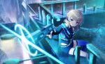  1girl ahoge bare_shoulders blonde_hair blue_eyes blue_jacket blue_thighhighs building closed_mouth commentary_request fingerless_gloves game_asset gloves glowing gun highleg highres holding holding_gun holding_weapon holographic_interface jacket letterboxed long_hair long_sleeves looking_at_viewer motosu_towa non-web_source official_art outdoors pillarboxed ponytail rain self-datamine shorts single_thighhigh skyscraper smile solo sword thigh_strap thighhighs twintails virtual_youtuber weapon world_dai_star 