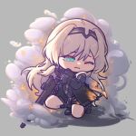  1girl 3: an-94 an-94_(girls'_frontline) assault_rifle black_boots black_gloves black_jacket blonde_hair blue_eyes boots burnt_clothes chibi chibi_only closed_mouth commentary_request distress embers gaiters girls'_frontline gloves greatyoruka63 grey_background gun holding holding_gun holding_weapon jacket knees korean_commentary long_hair looking_down on_one_knee one_eye_closed rifle shorts simple_background smoke solo squatting weapon 