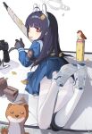  1girl absurdres bird black_gloves black_hair blue_archive blue_serafuku blue_shirt blue_skirt bolt_action commentary from_behind gloves grey_halo gun halo highres leaf legs long_hair looking_at_viewer looking_back miyu_(blue_archive) mosin-nagant panties pantyhose pleated_skirt red_eyes rifle sailor_collar school_uniform serafuku shirt shoes skirt sniper_rifle solo underwear untranslatable_commentary weapon white_panties white_pantyhose white_shoes yuhezi 