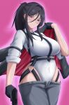  1girl black_gloves black_hair black_jacket black_leotard black_necktie breasts collared_leotard covered_navel e.h._(junkyard_vanguard)_(nikke) e.h._(nikke) glasses gloves goddess_of_victory:_nikke gradient_hair grey_pants gun hair_between_eyes half_gloves handgun harness highleg highleg_leotard highres holding holding_gun holding_unworn_clothes holding_unworn_jacket holding_weapon jacket large_breasts leotard looking_at_viewer multicolored_hair necktie official_alternate_costume pants ponytail purple_eyes rabbitttt round_eyewear solo unworn_jacket weapon 
