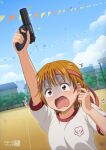  1girl asukamama89 bandana commentary commission finger_in_own_ear futari_wa_precure futari_wa_precure_max_heart gun gym_uniform handgun highres misumi_nagisa orange_eyes orange_hair pixiv_commission precure red_bandana scared shaded_face shirt short_hair sports_festival starting_pistol sweat tears teeth tongue weapon white_shirt 