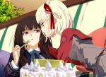  2girls absurdres blonde_hair blue_dress blue_ribbon brown_hair cake commentary_request dress food food_on_face fork hair_ribbon hand_on_another's_neck highres holding holding_fork inoue_takina long_hair lycoris_recoil lycoris_uniform multiple_girls neck_ribbon nishikigi_chisato one_side_up parted_lips purple_eyes red_dress red_ribbon ribbon sengoku_chidori shaded_face short_hair tongue tongue_out yuri 