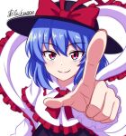  1girl black_hat black_skirt blue_hair bow bowtie capelet closed_mouth collared_shirt commentary frilled_capelet frilled_shawl frilled_shirt_collar frills hagoromo hair_between_eyes hat hat_bow highres looking_at_viewer medium_hair nagae_iku pointing pointing_at_viewer red_bow red_bowtie red_eyes shawl shgngzhngdeyti1 shirt simple_background skirt smile solo touhou upper_body white_background white_capelet white_shawl white_shirt 