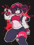  1girl absurdres arched_back arm_at_side baseball_bat baseball_cap black_border black_collar black_hair black_jacket black_pants border breasts carrying_over_shoulder closed_mouth clothes_writing collar colored_sclera commentary crop_top cropped_jacket cropped_shirt curvy double-parted_bangs downturned_eyes drill_hair english_commentary eyes_visible_through_hair film_grain fingerless_gloves foot_out_of_frame from_below frown gloves groin hair_between_eyes hand_up hat heterochromia highres holding holding_baseball_bat jacket kasane_teto letterman_jacket linea_alba long_sleeves looking_at_viewer midriff mismatched_sclera navel open_clothes open_jacket oranz0 outline outside_border over_shoulder pants puffy_long_sleeves puffy_sleeves raglan_sleeves red_background red_eyes red_gloves red_hat red_sclera red_shirt sailor_collar shirt shoelaces shoes short_hair sidelocks simple_background small_breasts solo standing standing_on_one_leg synthesizer_v thick_lineart thick_thighs thighs twin_drills utau v-shaped_eyebrows weapon weapon_over_shoulder white_eyes white_outline white_sailor_collar white_shoes white_sleeves yararara_(synthesizer_v) 