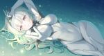  1girl 2nom_shiki arm_up black_hairband bodysuit breasts commentary covered_navel firefly_(ar-26710)_(honkai:_star_rail) firefly_(honkai:_star_rail) grey_bodysuit grey_eyes grey_hair hairband highres honkai:_star_rail honkai_(series) large_breasts long_hair looking_at_viewer lying mecha_pilot_suit official_alternate_costume on_back parted_lips reaching reaching_towards_viewer solo untranslatable_commentary white_bodysuit 