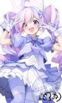  1girl :d ahoge blue_archive blush bow bowtie commentary_request drill_hair earrings gloves hair_ornament halo highres jewelry long_hair looking_at_viewer magical_girl mofu_namako multicolored_hair open_mouth pantyhose pink_hair pink_halo puffy_short_sleeves puffy_sleeves purple_bow purple_bowtie purple_eyes purple_hair purple_pantyhose reisa_(blue_archive) reisa_(magical)_(blue_archive) short_sleeves simple_background smile solo star_(symbol) star_earrings star_hair_ornament star_halo striped_clothes striped_pantyhose twin_drills twintails two-tone_hair two-tone_pantyhose white_background white_gloves wing_hair_ornament 