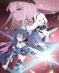  3girls absurdres aqua_halo aris_(armed)_(blue_archive) aris_(blue_archive) bare_shoulders black_hair black_hairband black_ribbon black_vest blue_archive blue_eyes blue_necktie blush breasts closed_mouth collared_shirt commentary double-parted_bangs gradient_hair grey_skirt hair_between_eyes hair_ribbon hairband half_updo halo headgear highres jacket kei_(blue_archive) kei_(student)_(blue_archive) kurana_(atlas) leotard long_hair long_hair_between_eyes long_sleeves looking_at_viewer malkuth_(blue_archive) mecha_musume mechanical_arms mechanical_legs medium_breasts multicolored_hair multiple_girls necktie official_alternate_costume official_alternate_hairstyle open_clothes open_jacket pink_eyes rectangular_halo ribbon shirt short_necktie showgirl_skirt skirt sleeves_past_wrists smile thighhighs twintails very_long_hair vest white_hair white_jacket white_leotard white_shirt 