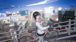  1girl bicycle black_skirt blue_sky bow bowtie braid braided_ponytail bridge building cardigan commentary day english_commentary highres long_hair nizuma original outdoors pantyhose parted_lips pink_bow pink_bowtie pleated_skirt railing road sign skirt sky solo very_long_hair white_cardigan white_pantyhose wide_shot 