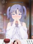  1girl 1other alcohol black_halo blue_archive blurry blurry_background blurry_foreground blush commentary_request cup dress drinking_glass flask_kinoko halo hand_to_own_mouth highres long_hair looking_at_viewer marriage_proposal plate pov pov_hands purple_eyes purple_hair purple_shirt ring_box shirt utensil white_dress wine wine_glass yuuka_(blue_archive) 