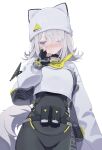  1girl absurdres animal_hat arknights arknights:_endfield beanie black_bodysuit black_gloves blue_eyes blush bodysuit bodysuit_under_clothes breasts closed_mouth commentary_request estella_(arknights) fingerless_gloves gloves grey_hair grey_hat grey_jacket hair_over_one_eye hand_up hat highres jacket long_sleeves medium_breasts mizu_(lzzrwi603) nose_blush puffy_long_sleeves puffy_sleeves simple_background solo tail white_background 