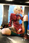  1girl absurdres bag belt black_socks blonde_hair blue_ribbon bob_cut breasts candy cellphone closed_mouth collared_shirt commentary_request dress food grey_dress hair_ribbon highres holding holding_food holding_phone knee_up kneehighs light_particles loafers long_sleeves looking_at_viewer lycoris_recoil lycoris_uniform neck_ribbon nishikigi_chisato on_floor one_side_up phone pleated_dress red_belt red_dress red_eyes red_ribbon ribbon sengoku_chidori shirt shoes short_hair sitting smartphone smile socks solo thighs two-tone_dress white_shirt 