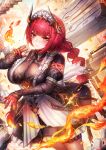  1girl absurdres armor belt black_dress black_horns blunt_bangs blush braid braided_ponytail breasts bright_background chest_harness cleavage closed_mouth commentary_request dress duet_night_abyss dutch_angle fire frilled_dress frilled_headwear frills gloves hands_up harness highres hilda_(duet_night_abyss) horns large_breasts light_particles long_hair long_sleeves looking_at_viewer maid maid_headdress mole mole_under_eye pink_lips puffy_long_sleeves puffy_sleeves red_gloves red_hair see-through_cleavage see-through_clothes see-through_sleeves sidelocks solo standing suspenders thighs very_long_hair weapon white_belt white_headdress yellow_eyes ziteng_yue 