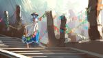  blue_hair commentary_request food fruit fruit_hat_ornament hat hat_ornament highres hinanawi_tenshi leaf_hat_ornament niy_(nenenoa) one-hour_drawing_challenge peach peach_hat_ornament rainbow_gradient rainbow_order sword_of_hisou touhou 
