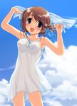  arms_up blue_eyes blush breasts brown_hair contrapposto covered_nipples dress folded_ponytail highres komaki_manaka medium_breasts no_bra open_mouth panties ribbon see-through shiukichi solo standing to_heart_2 underwear 