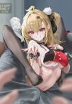  1girl absurdres ahoge animal between_breasts black_pantyhose blonde_hair blurry blurry_foreground breasts chalky_(zenless_zone_zero) cissia_(zenless_zone_zero) commentary contortion ear_ornament english_commentary fingernails flexible grin hair_between_eyes hair_intakes hair_ornament highres holding holding_key indoors key large_breasts leg_lock long_hair looking_at_viewer metal_wrist_cuffs nail_polish navel pantyhose parted_bangs pink_nails pom_pom_(clothes) pom_pom_hair_ornament pov pov_crotch red_eyes ribs scup shock_collar side_ponytail smile snake solo_focus stomach triplefold underboob white_snake zenless_zone_zero 