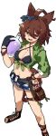  1girl absurdres agnes_tachyon_(lunatic_lab)_(umamusume) agnes_tachyon_(umamusume) ahoge animal_ears ankle_belt belt black_gloves blue_shorts bracelet breasts brown_hair cleavage commentary_request criss-cross_halter cutoffs datemegane ear_ornament flask gloves green_jacket hair_between_eyes halterneck hand_on_own_hip highres horse_ears horse_girl horse_tail jacket jewelry looking_at_viewer midriff navel open_mouth red_eyes round-bottom_flask sandals short_hair short_sleeves shorts simple_background single_glove small_breasts solo standing tail tied_jacket umamusume utility_belt white_background 