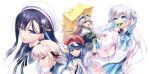  5girls :d anemoi awayuki_hiiro bare_shoulders beret black_hair black_hairband black_ribbon blonde_hair blue_bow blue_bowtie blue_dress blue_eyes blue_hair blunt_bangs blush bow bowtie braid brown_hair c: closed_mouth colored_inner_hair cowboy_shot double_bun dress eyes_visible_through_hair floating_hair flower full_body fusaba_aino grey_hair hair_between_eyes hair_bun hair_flower hair_ornament hair_ribbon hairband half-closed_eyes hands_up hat hayakawa_rikka highres holding holding_letter holding_umbrella jacket jacket_partially_removed leaf leaf_in_mouth letter lips long_hair looking_ahead looking_at_viewer looking_down low_twin_braids mailman multicolored_eyes multicolored_hair multiple_girls open_clothes open_jacket open_mouth parted_lips peaked_cap pink_eyes pink_flower pink_jacket profile purple_eyes purple_hair red_eyes red_hat ribbon school_uniform shirato_koyomi short_dress short_sleeves sideways_glance simple_background sleeveless sleeveless_dress smile split_mouth star_(symbol) star_hair_ornament tsujikura_spica twin_braids two-tone_dress two-tone_eyes two-tone_hair umbrella under_umbrella upper_body v very_long_hair white_background white_dress white_hat wing_hat_ornament yellow_eyes yellow_umbrella zen_(kamuro) 