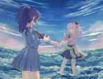  1girl 1other akiyama_mizuki asahina_mafuyu blue_skirt bow bowtie breasts camera camera_around_neck closed_eyes cloud cloudy_sky commentary_request cowboy_shot day diagonal-striped_bow diagonal-striped_bowtie diagonal-striped_clothes grey_serafuku grey_shirt grey_skirt hair_ornament hair_scrunchie high_ponytail highres holding holding_camera holding_hands kamiyama_high_school_uniform_(project_sekai) long_hair long_sidelocks long_sleeves medium_breasts miyamasuzaka_girls'_academy_school_uniform neckerchief ocean open_mouth outdoors pink_hair pink_shirt plaid_clothes plaid_skirt pleated_skirt ponytail project_sekai purple_hair red_bow red_bowtie red_neckerchief red_ribbon ribbon sailor_collar school_uniform scrunchie serafuku shirt shirt_tucked_in side_ponytail sidelocks simple_bird sinyu_u skirt sky sleeves_rolled_up smile striped_bow striped_bowtie striped_clothes wading water white_sailor_collar 