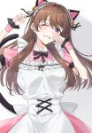  1girl :d ;d absurdres animal_ears apron arm_up black_bow black_bowtie black_ribbon bow bowtie breasts cat_ears commentary_request cowboy_shot dress frilled_apron frills fujishima_megumi fujishima_megumi_(m's_one_day) grin hair_ribbon hand_up highres korean_commentary large_breasts looking_at_viewer love_live! love_live!_hasu_no_sora_jogakuin_school_idol_club maid maid_apron one_eye_closed pink_dress puffy_short_sleeves puffy_sleeves purple_eyes ribbon short_sleeves simple_background smile solo thanasys virtual_youtuber white_apron white_background 