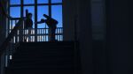  1boy 1girl absurdres bare_legs black_hair blue_sky blunt_bangs bowing cloud commentary_request covering_own_mouth gigbag highres indoors long_hair necktie original pants plaid_clothes plaid_skirt school silhouette skirt sky socks stairs standing tokaki 