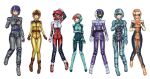  6+girls arm_up blue_eyes blush bodysuit brown_hair commentary_request full_body green_eyes gundam gundam_g_no_reconguista gundam_seed gundam_zz hand_on_own_arm helmet highres looking_at_viewer lying mecha_pilot_suit mobile_suit_gundam multiple_girls on_back oonishi_saori open_mouth seotaku_(kyokkou) simple_background sweat taneda_risa white_background zeon 