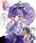  2girls ahoge ascot belle_(zenless_zone_zero) black_nails blue_hair bow bowtie center_frills closed_eyes commentary_request drill_hair floating_hair frills gem hair_ornament hairband highres kanikaniparty letter_hair_ornament long_hair mole mole_under_eye multiple_girls open_mouth pointy_ears purple_ascot purple_bow purple_bowtie purple_gem purple_hair purple_hairband red_eyes short_hair shrug_(clothing) simple_background speech_bubble sweat translation_request vivian_banshee white_background white_shrug zenless_zone_zero 