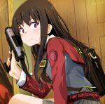  1girl absurdres backpack bag blush borrowed_clothes brown_hair closed_mouth commentary_request dress embarrassed gun handgun highres holding holding_gun holding_weapon inoue_takina long_hair lycoris_recoil purple_eyes red_dress sengoku_chidori solo sweatdrop weapon 