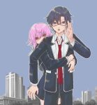  1boy 1girl 70lio adjusting_eyewear belt black_jacket black_pants black_thighhighs blazer blue_eyes blue_hair blue_sky chaos;child cityscape collared_shirt commentary_request cropped_jacket dress dress_shirt glasses hand_up hekiho_academy_school_uniform hiding hiding_behind_another highres hug hug_from_behind jacket looking_at_another loose_necktie lower_teeth_only miyashiro_takuru necktie onoe_serika open_clothes open_collar open_jacket open_mouth outdoors pants pink_hair red_eyes red_necktie school_uniform science_adventure shirt shirt_tucked_in short_dress short_hair short_hair_with_long_locks sky teeth thighhighs tongue white_belt white_trim zettai_ryouiki 