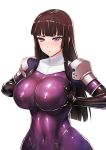  1girl black_hair blush bodysuit breast_lift breasts elbow_gloves erect_nipples gloves hip_focus kamori_sayaka large_breasts latex latex_gloves latex_suit long_hair original pout purple_eyes rindou_(radical_dream) shiny shiny_clothes simple_background skin_tight solo upper_body white_background 