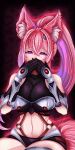  1girl absurdres animal_ear_fluff animal_ears bare_shoulders black_gloves black_shirt black_shorts breasts commentary covering_own_mouth fox_ears fox_girl fox_tail gloves hair_between_eyes heart highres indie_virtual_youtuber large_breasts looking_at_viewer meicha_(vtuber) nekaros_2 no_mole pink_hair ponytail purple_eyes shirt shorts sitting sleeveless sleeveless_shirt solo stomach suspenders tail thick_thighs thighs untranslatable_commentary virtual_youtuber 