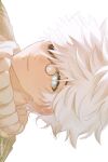  1boy blue_eyes closed_mouth commentary english_commentary hair_over_one_eye highres looking_at_viewer male_focus one_eye_covered parted_bangs pince-nez qifrey_(tongari_boushi_no_atelier) shirt short_hair sideways solo taojiao_misosoup tongari_boushi_no_atelier turtleneck white_hair white_shirt white_theme 