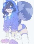  1girl 3am all_fours animal_ears animal_hands blue_eyes blue_flower blue_hair blue_hoodie blue_shorts blue_tail cropped_hoodie dolphin_shorts eye_mask flower gloves grin hair_flower hair_ornament hair_over_one_eye hibiscus highres hood hoodie looking_at_viewer mask mefodionviperr multicolored_hair paw_gloves raccoon_ears raccoon_girl raccoon_tail shorts smile snuffy_(swimsuit)_(vtuber) snuffy_(vtuber) solo star_(symbol) star_hair_ornament tail thick_thighs thighhighs thighs virtual_youtuber white_thighhighs yellow_eyes 