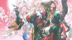  1girl arknights arknights:_endfield belt black_skirt blue_eyes blue_horns breasts chinese_commentary commentary_request cropped_jacket cuffs cui_suika demon_girl demon_horns dutch_angle eyes_visible_through_hair falling_petals feet_out_of_frame floating_hair fluffy_tail full_moon gourd green_thighhighs hair_intakes hair_over_one_eye hand_in_own_hair hand_wraps handcuffs highres holding holding_gourd horns in_tree jacket large_breasts looking_at_viewer medium_hair mi_fu_(arknights) miniskirt mole mole_on_breast mole_under_eye moon official_art one_eye_covered open_mouth parted_bangs peach_blossom petals pink_hair pointy_ears red_shirt shirt sidelocks sitting sitting_in_tree skirt solo strapless strapless_shirt string tail tassel teeth thigh_belt thigh_strap thighhighs tree upper_teeth_only waist_cape white_jacket zettai_ryouiki 