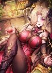  1girl absurdres armlet bar_(place) bare_shoulders barrel black_horns black_pantyhose blonde_hair bottle branch breasts camilla_(duet_night_abyss) cleavage commentary_request cum cum_on_body cup curtained_hair detached_sleeves dress drinking_glass duet_night_abyss dutch_angle falling_petals flower forehead gold_armlet gold_jewelry hair_over_one_eye hand_up highres holding holding_cup horns indoors jewelry knee_up large_breasts legs lens_flare light_particles long_hair long_sleeves looking_at_viewer mole mole_under_mouth nail_polish open_mouth pantyhose parted_bangs petals pink_flower pink_nails pink_petals pink_rose plant purple_eyes red_dress rose scar scar_across_eye scar_on_face see-through_cleavage see-through_clothes shelf smile solo table thighs very_long_hair ziteng_yue 